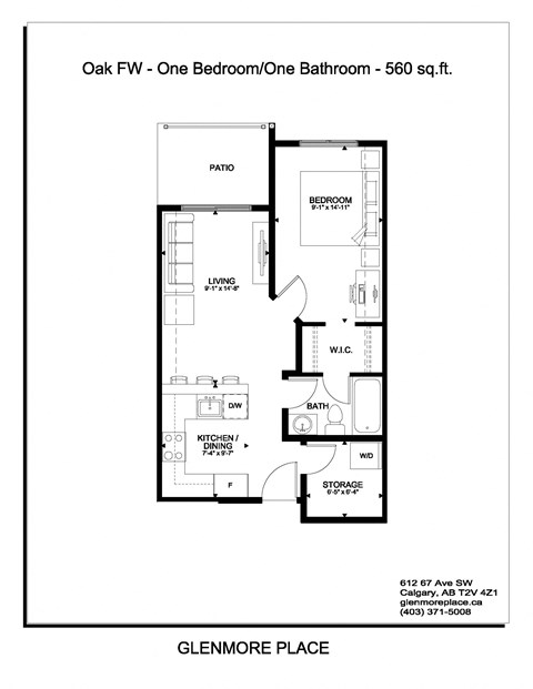 the floor plan one bedroom one bathroom 380 sq ft